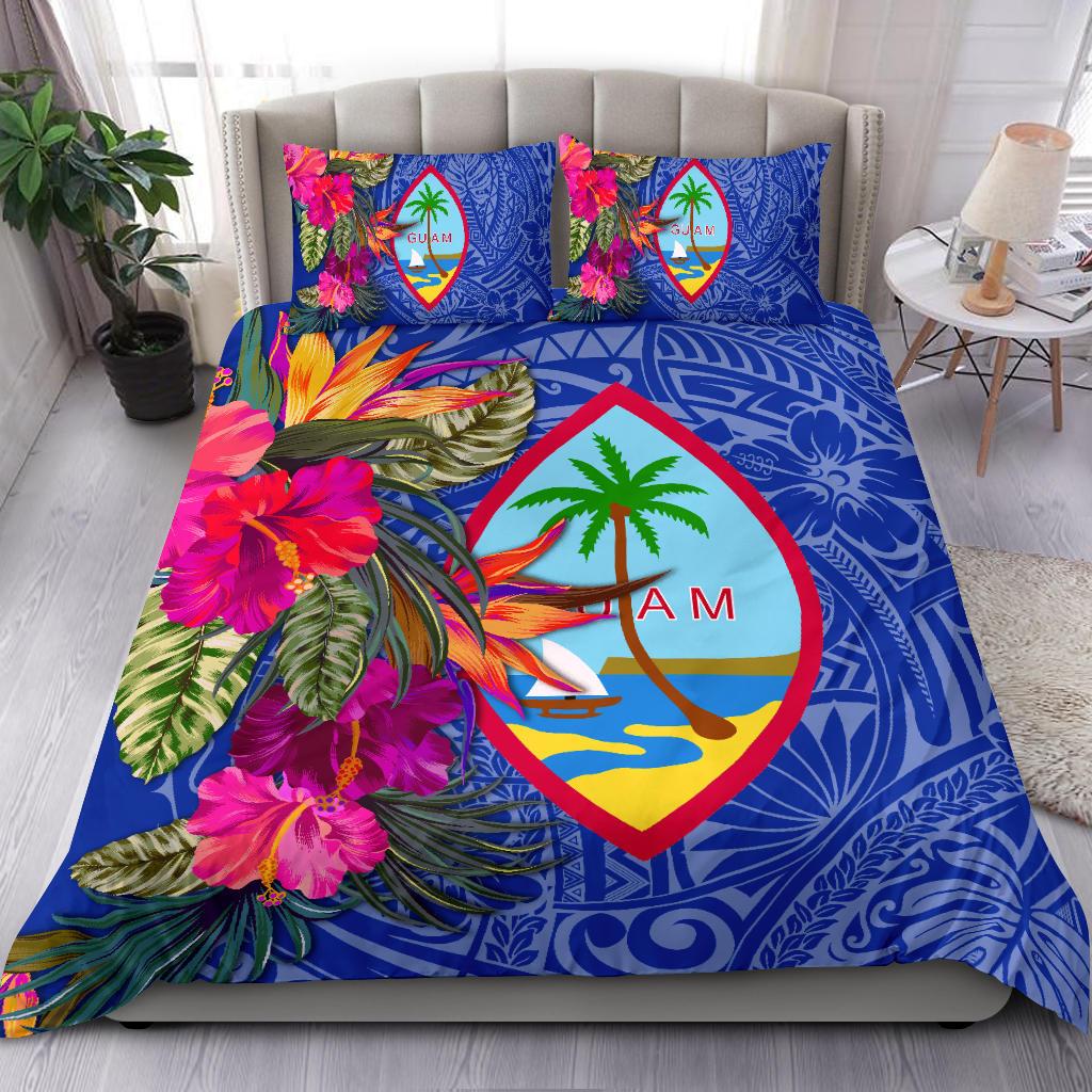 Guam Bedding Set Hibiscus Polynesian Pattern Blue Version