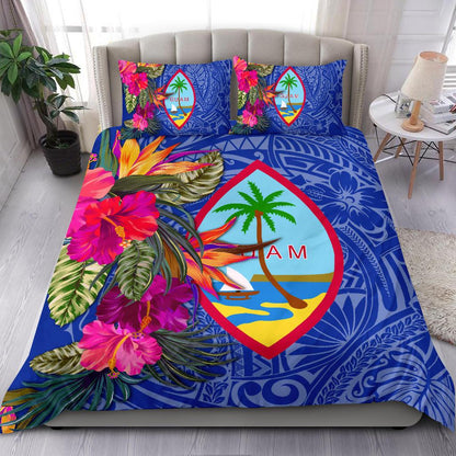 Guam Bedding Set Hibiscus Polynesian Pattern Blue Version