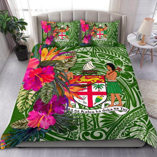 Fiji Bedding Set Hibiscus Polynesian Pattern Green Version