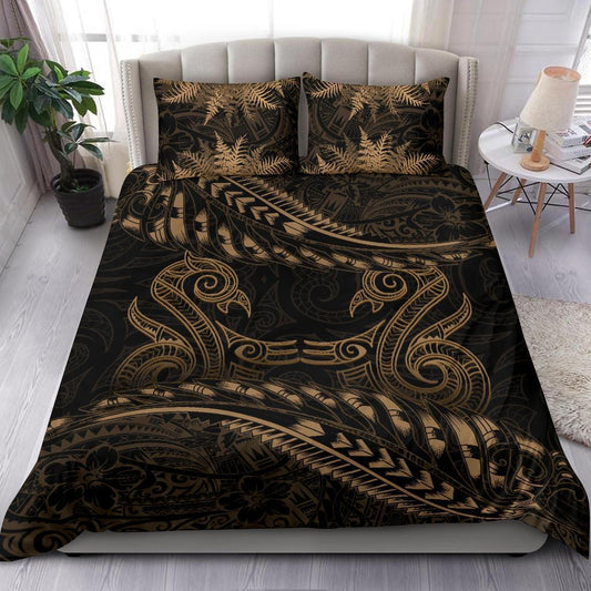 New Zealand Bedding Set Gold Manaia Maori Silver Fern Duvet Cover