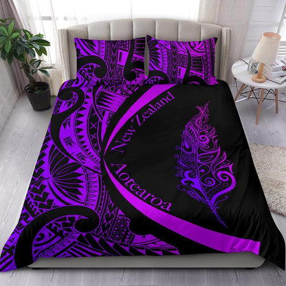 Light Silver Fern Maori Bedding Set Circle Style, Purple