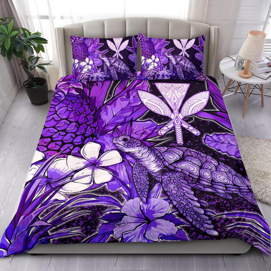 Polynesian Hawaii Bedding Set Turtle, Hibiscus and Pineapple Purple