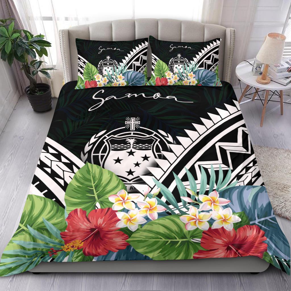 Samoa Bedding Set Samoa Coat of Arms & Polynesian Tropical Flowers White