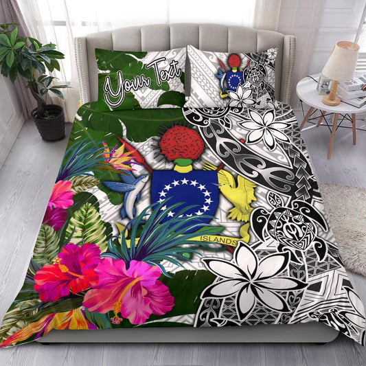 Cook Islands Custom Personalised Bedding Set White Turtle Plumeria Banana Leaf