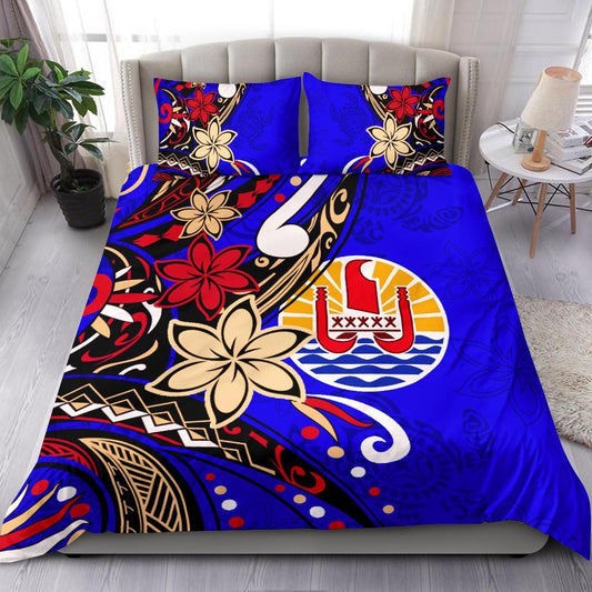 Tahiti Bedding Set Tribal Flower With Special Turtles Blue Color