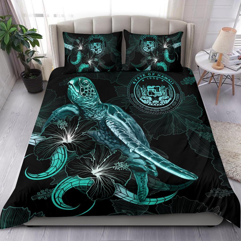 Hawaii Polynesian Bedding Set Turtle With Blooming Hibiscus Turquoise