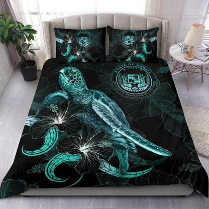 Hawaii Polynesian Bedding Set Turtle With Blooming Hibiscus Turquoise