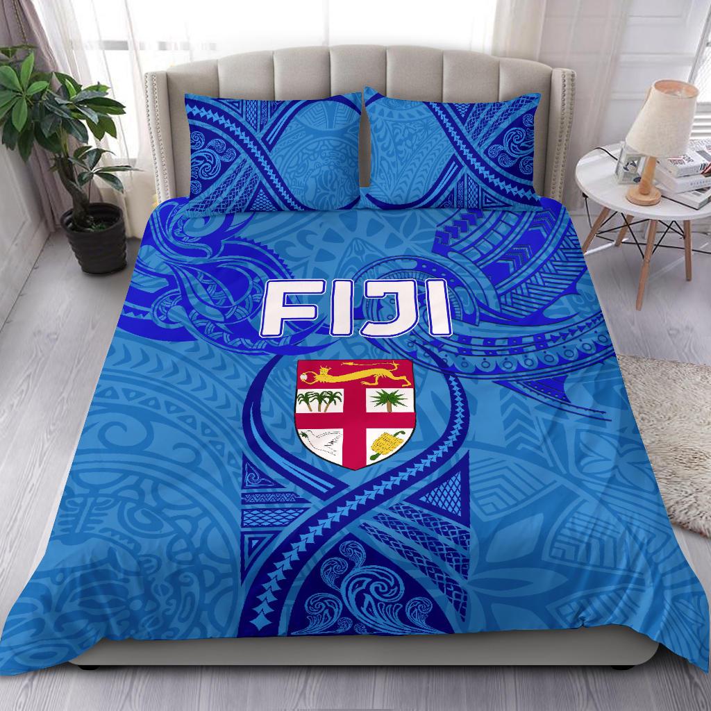 Blue Bedding Set Fiji Rugby Polynesian Waves Style