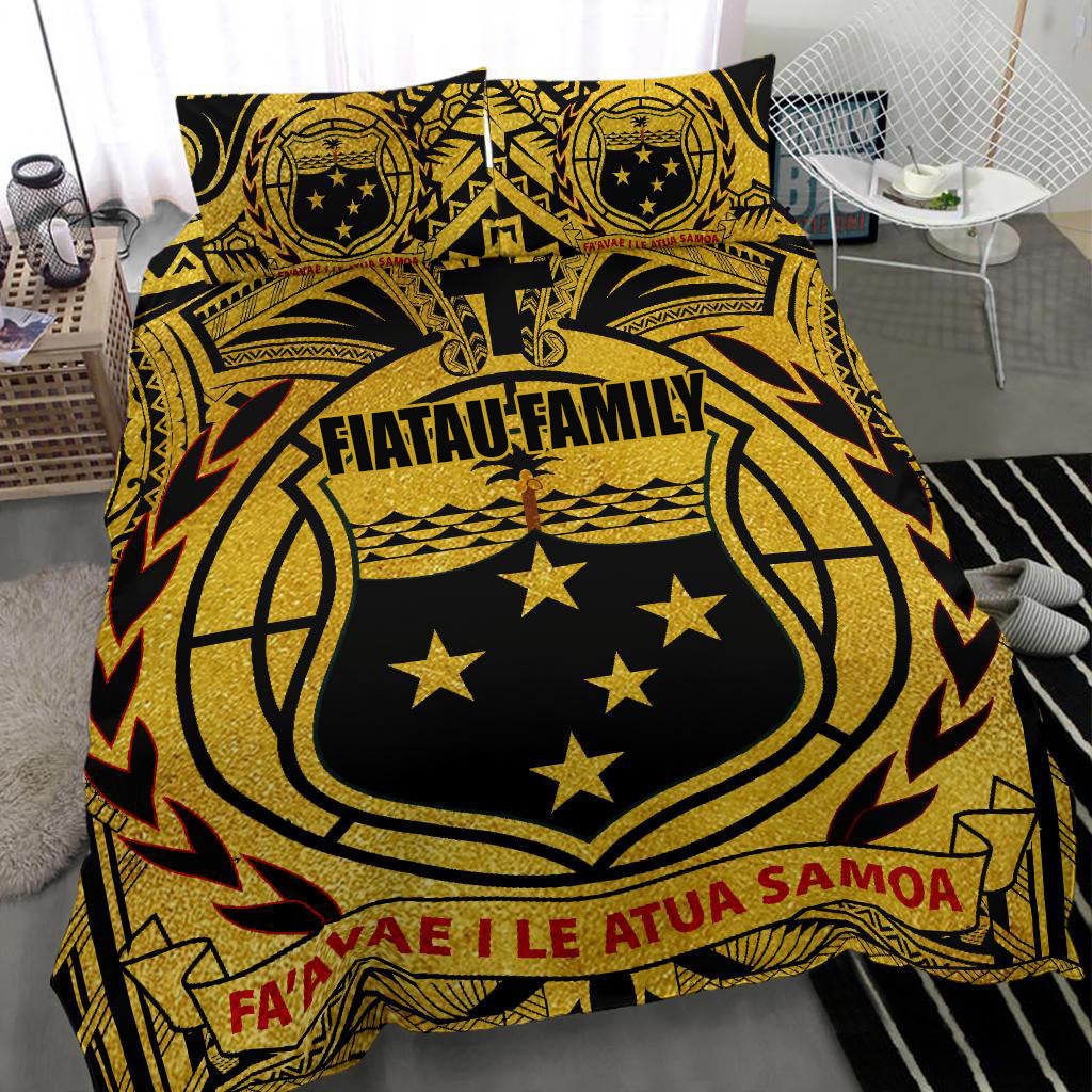 (FIATAU FAMILY) Samoa Bedding Set Samoa Coat Of Arm, Polynesian Tattoo Gold RLT7