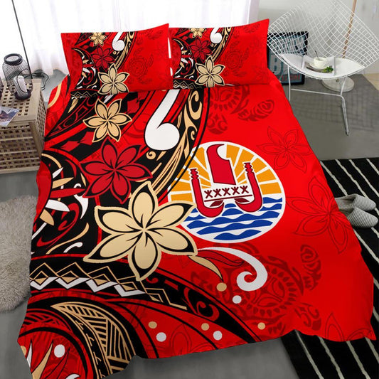 Tahiti Bedding Set Tribal Flower With Special Turtles Red Color