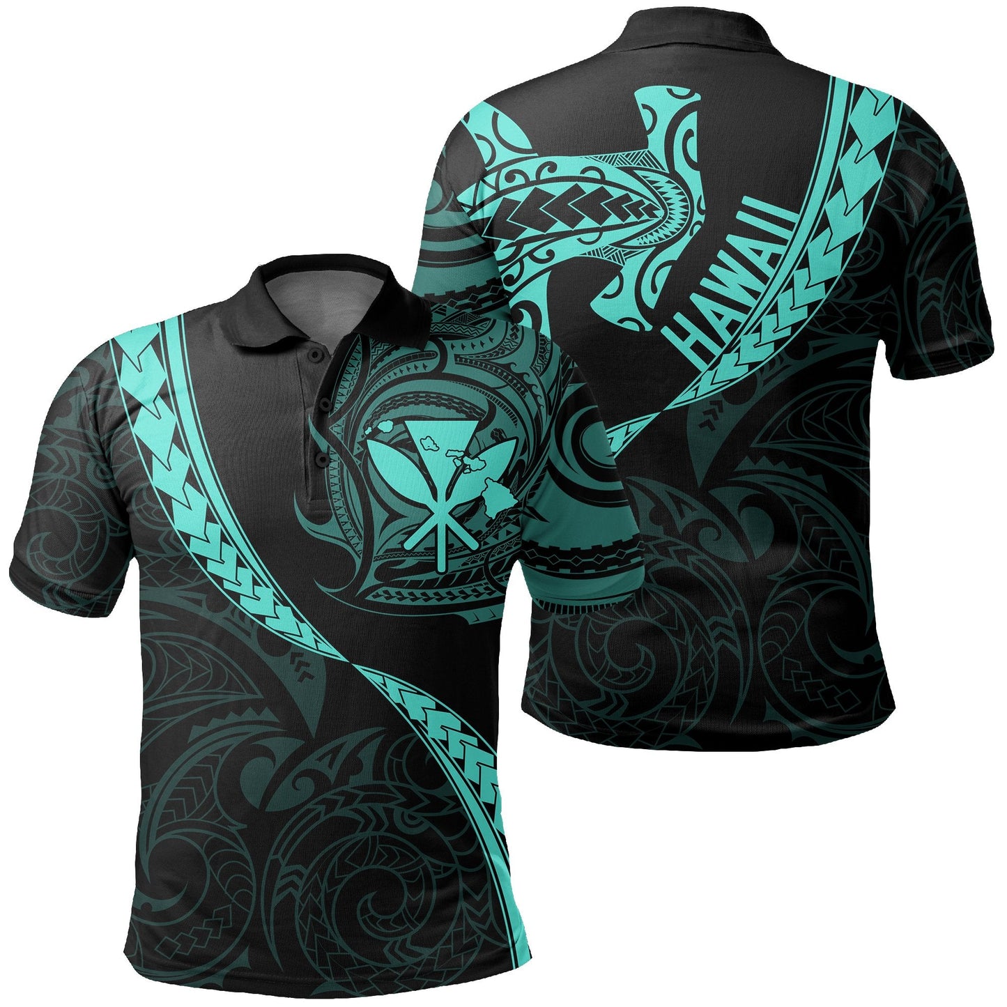 Hawaiian Kanaka Polo Shirt Mano Kihikihi Turquoise AH
