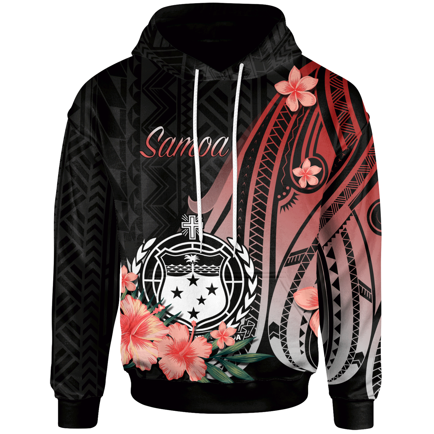 Samoa Hoodie Red Polynesian Hibiscus Pattern Style