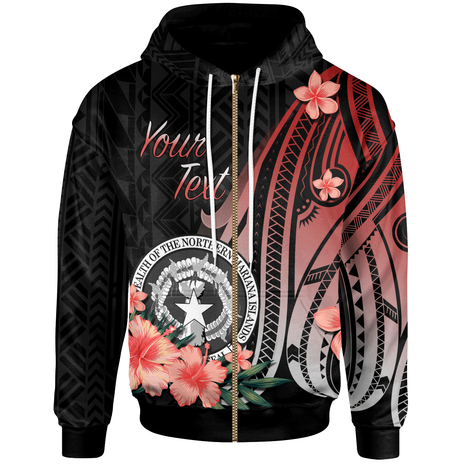 Northern Mariana Islands Zip Hoodie Red Polynesian Hibiscus Pattern Style