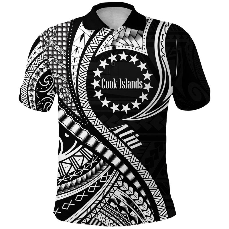 Atiu Cook Islands Polo Shirt Black Polynesian Wave Style