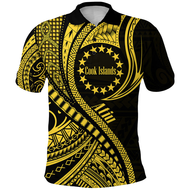 Custom Personalised Atiu Cook Islands Polo Shirt Gold Polynesian Wave Style