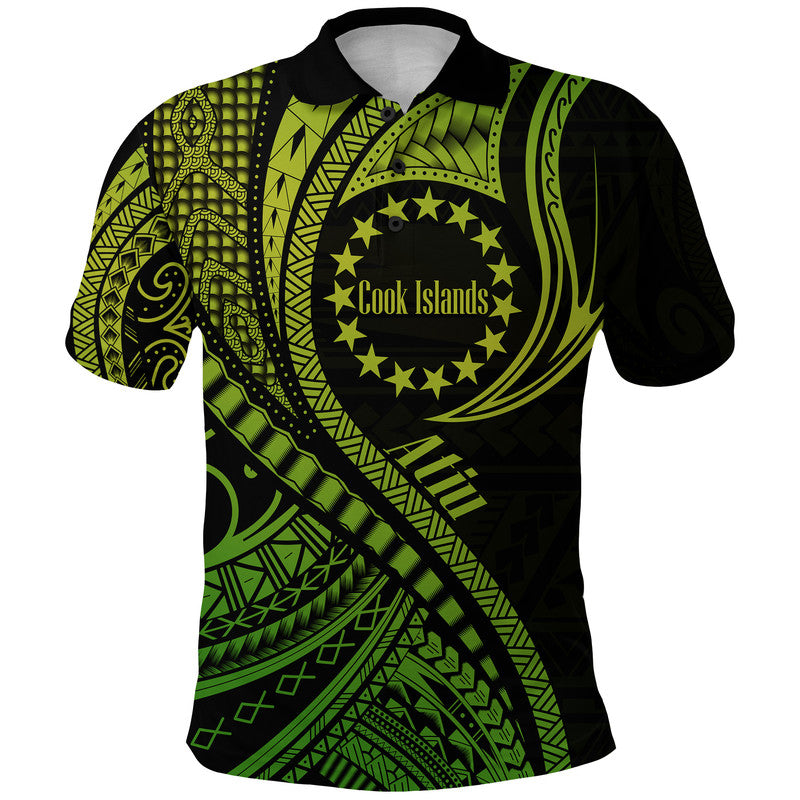 Atiu Cook Islands Polo Shirt Green Polynesian Wave Style