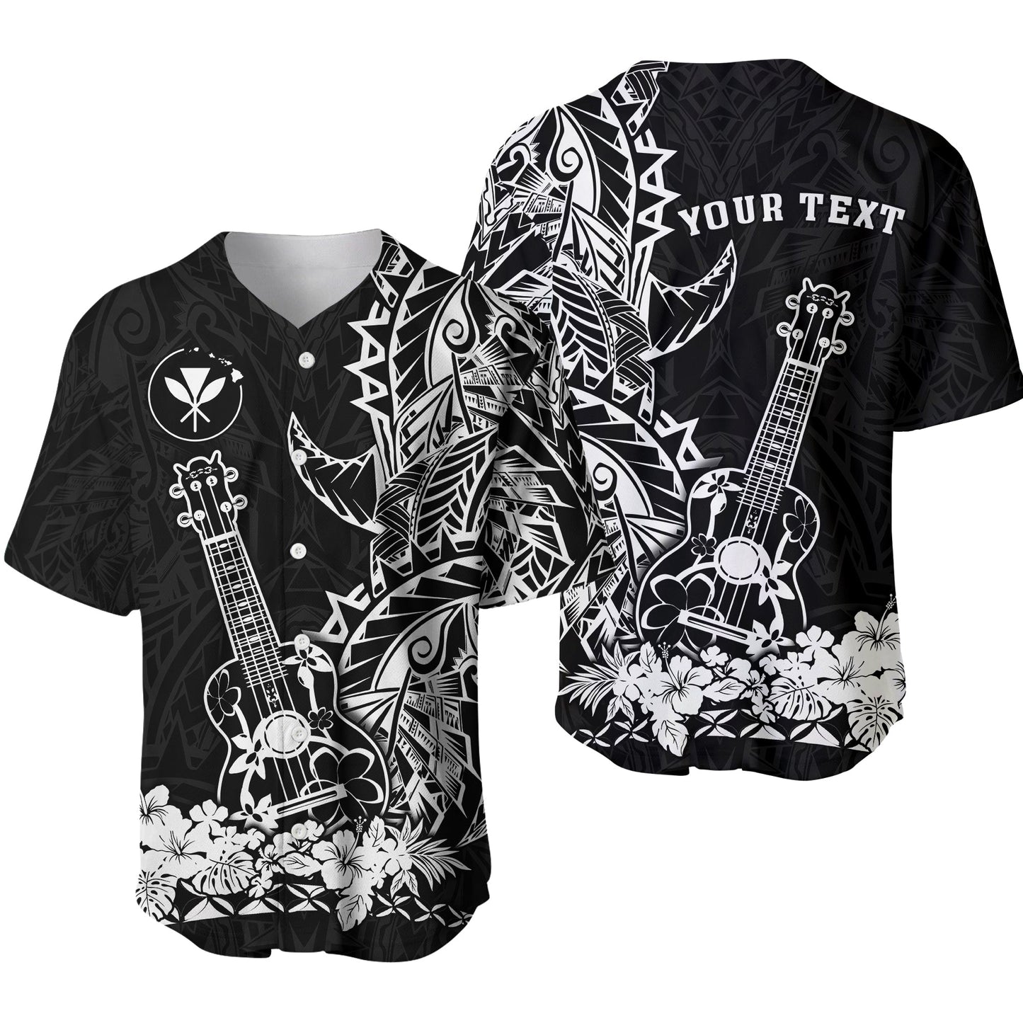 (Custom Personalised) Hawaii Polynesian Baseball Jersey White Ukulele