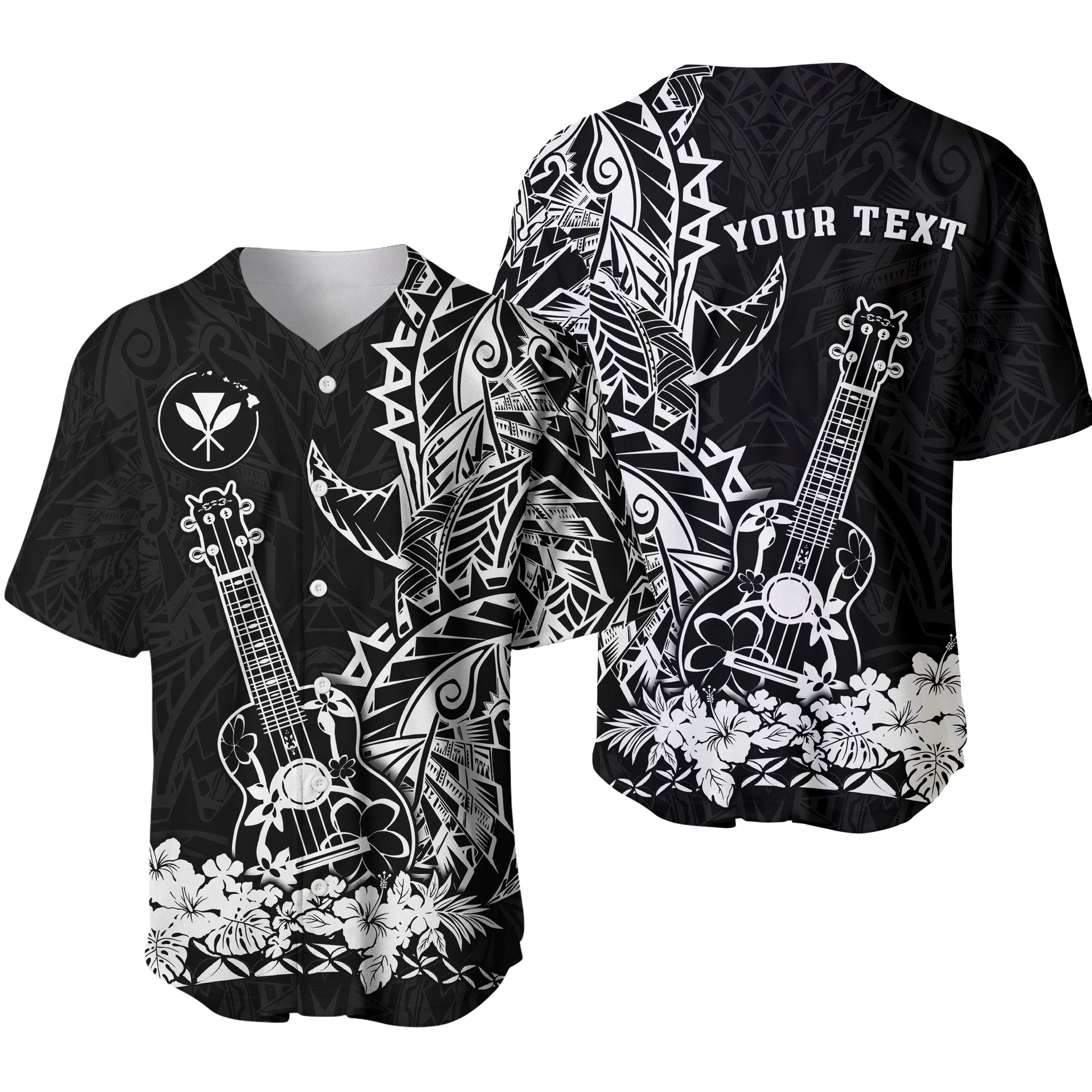 (Custom Personalised) Hawaii Polynesian Baseball Jersey White Ukulele