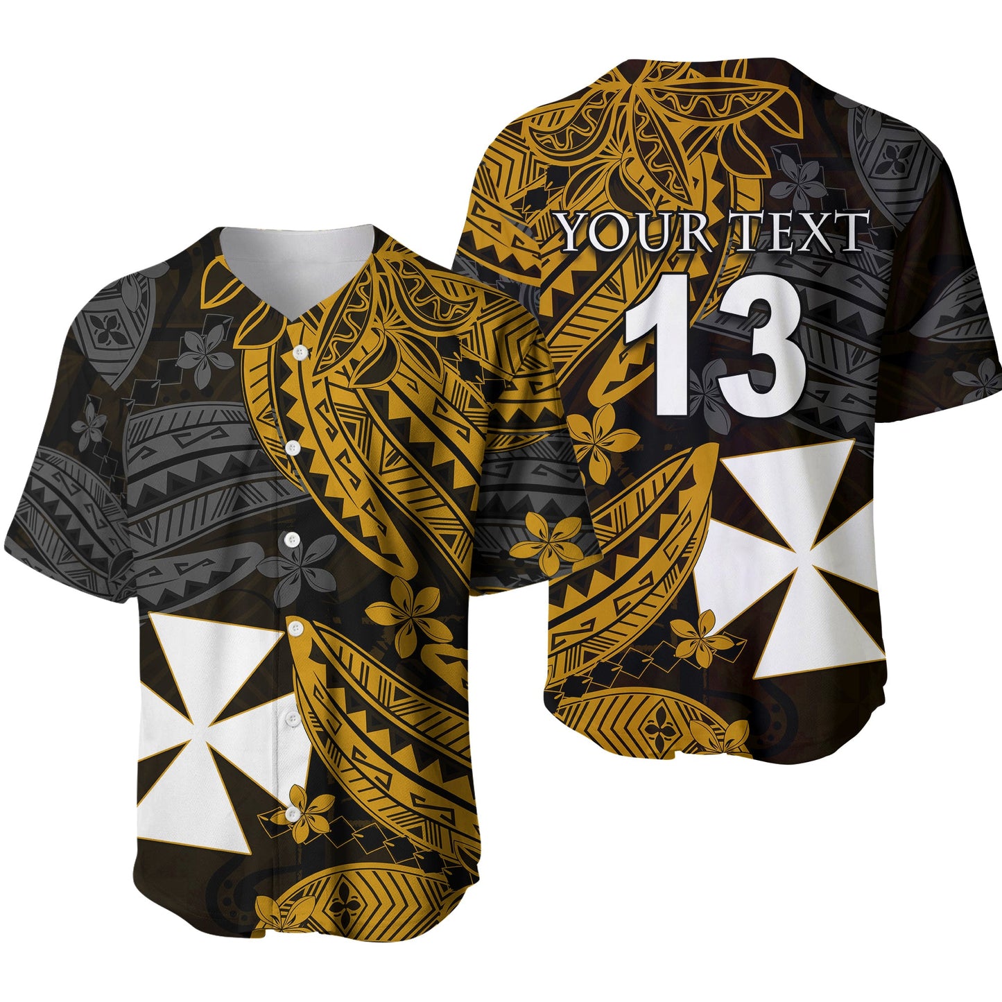 (Custom Text and Number) Wallis and Futuna Baseball Jersey Enjoy Polynesian Flowers Version Gold