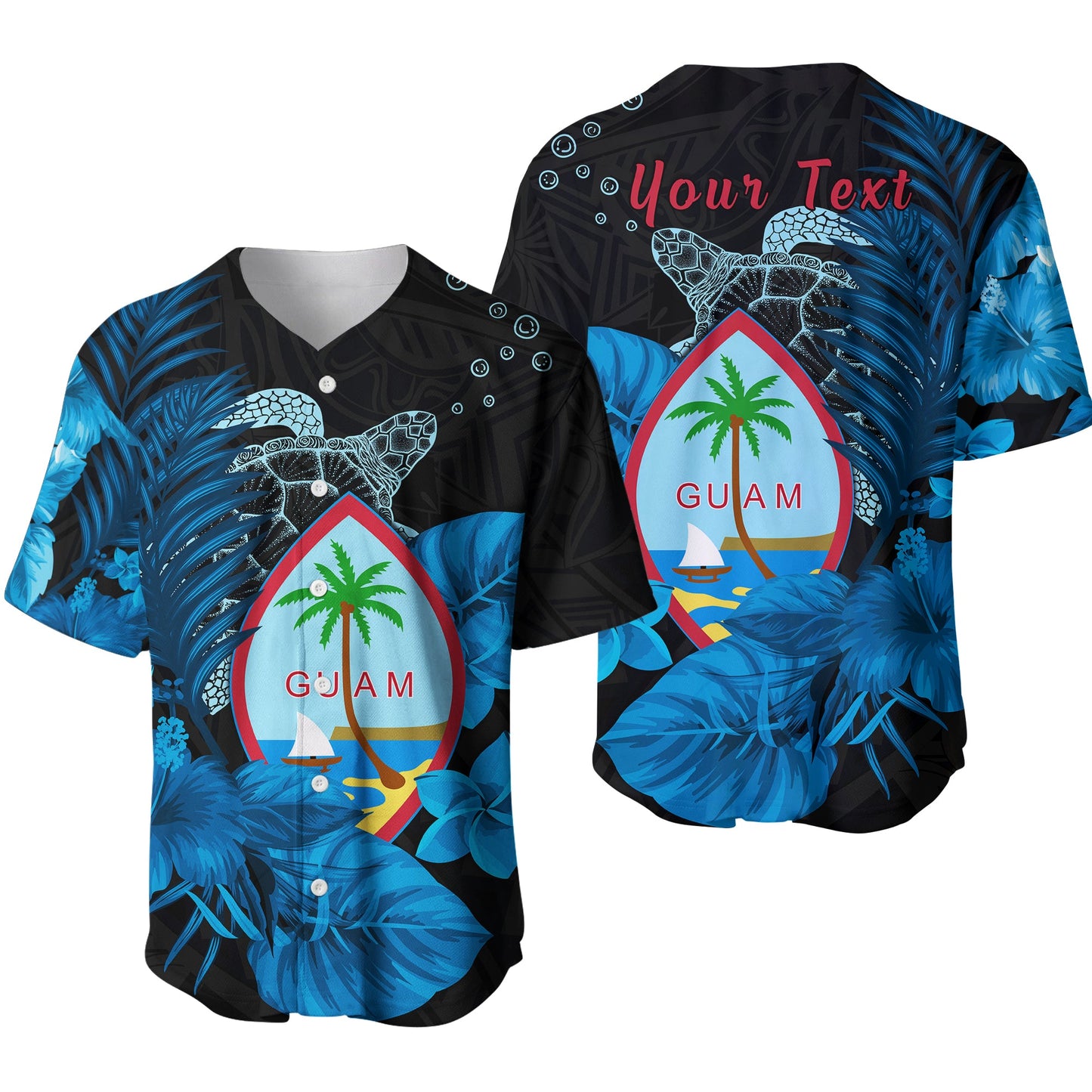 (Custom Personalised) Guam Seal Baseball Jersey Polynesian Turtle with Flowers Version Blue