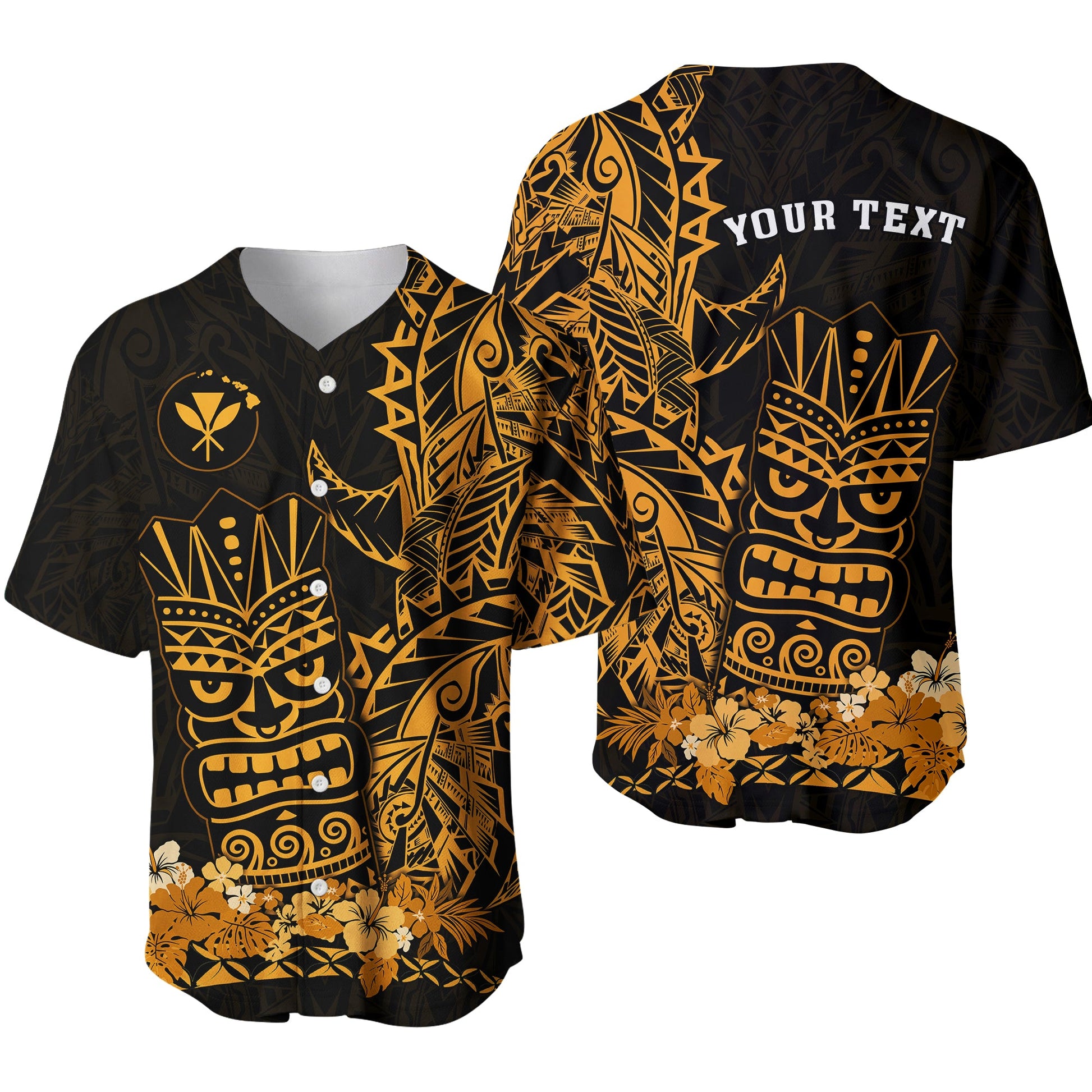 (Custom Personalised) Hawaii Polynesian Baseball Jersey Gold Tiki Masks Hawaiian