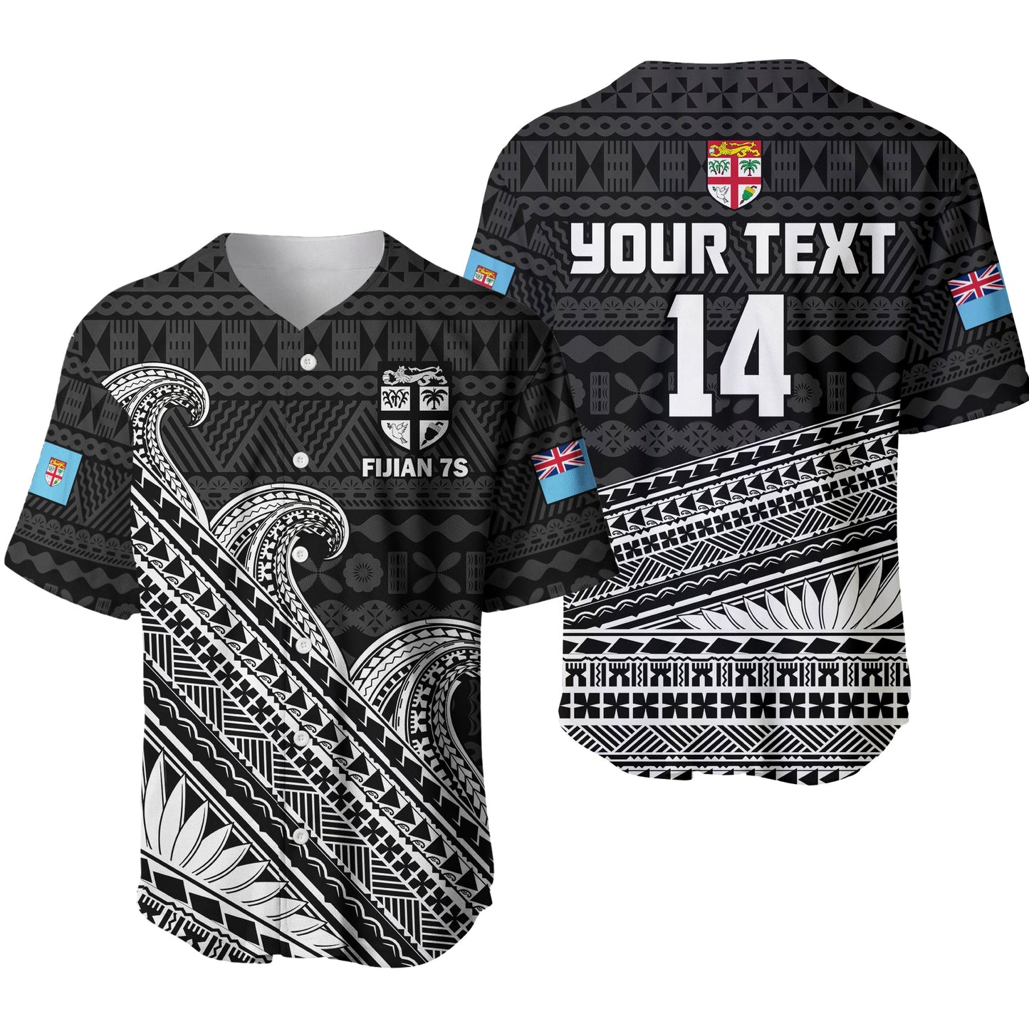 (Custom Text And Number) Fiji Sevens Rugby Fijian 7s Black Tapa Polynesian Art Baseball Jersey