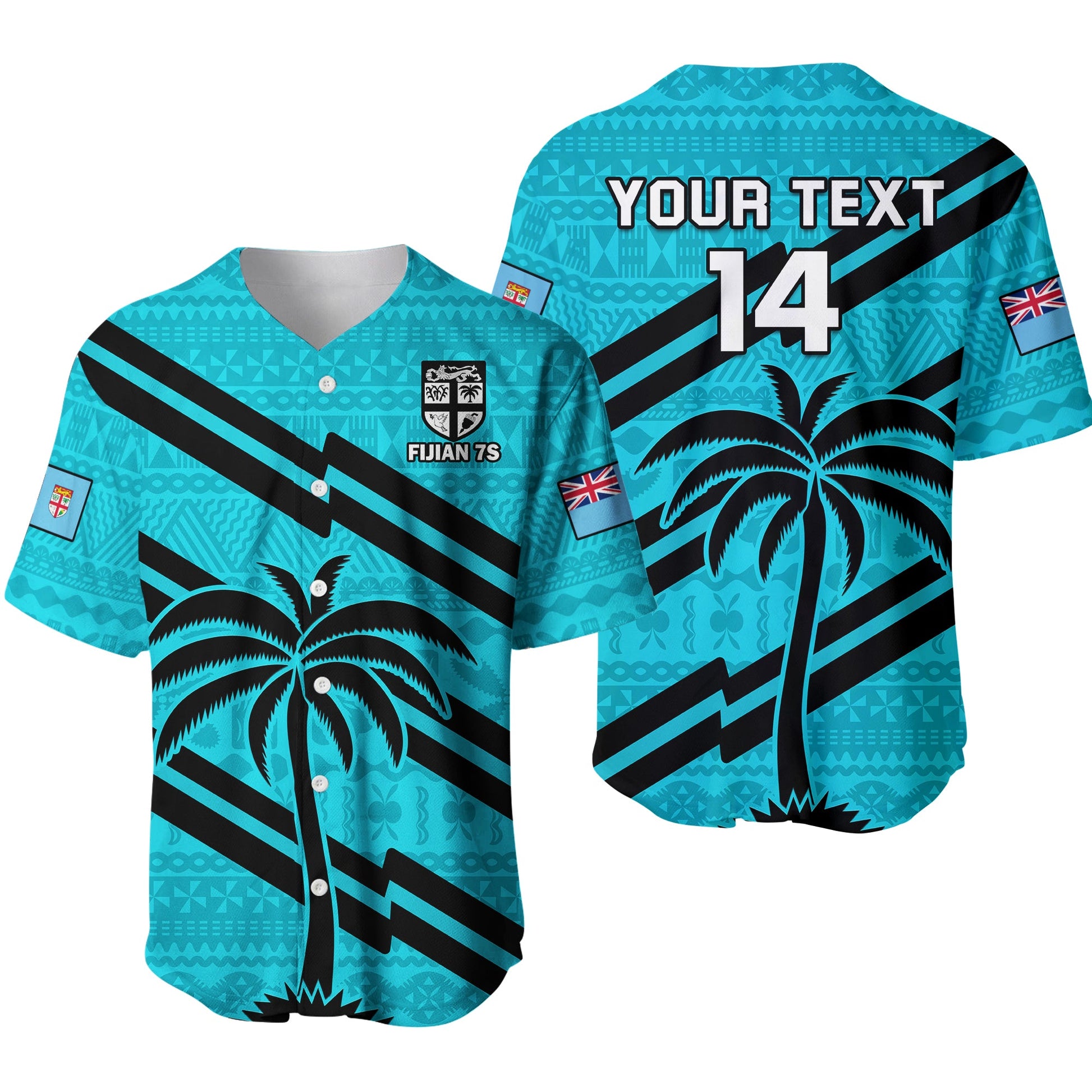 (Custom Text And Number) Fiji Rugby Tapa Pattern Fijian 7s Cyan Baseball Jersey