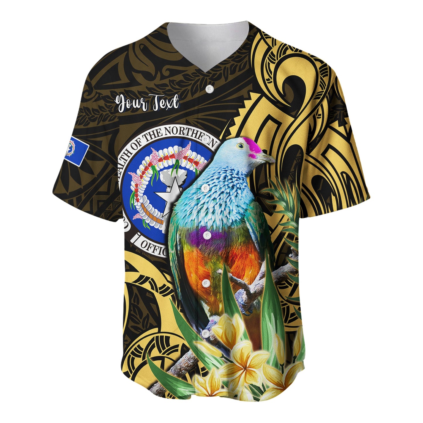 (Custom Personalised) Northern Mariana Islands Baseball Jersey Mariana Fruit Dove Mix Frangipani Flowers Gold