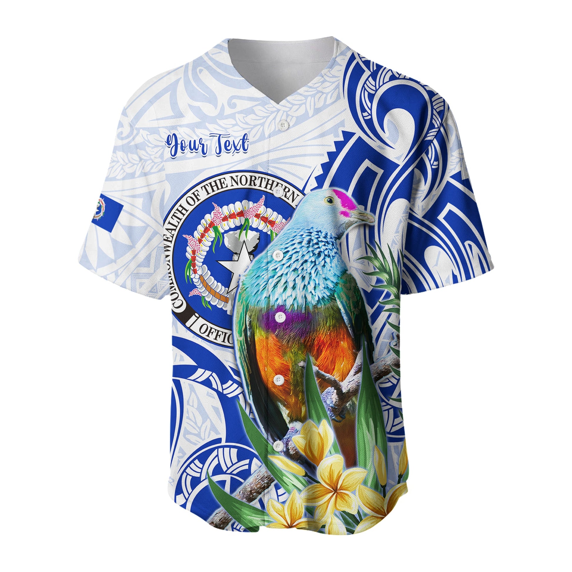 (Custom Personalised) Northern Mariana Islands Baseball Jersey Mariana Fruit Dove Mix Frangipani Flowers White