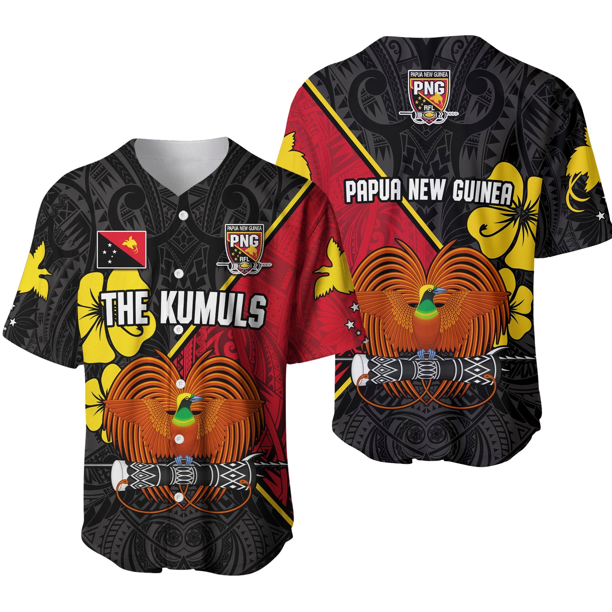 The Kumuls PNG Baseball Jersey Papua New Guinea Polynesian Dynamic Style Black