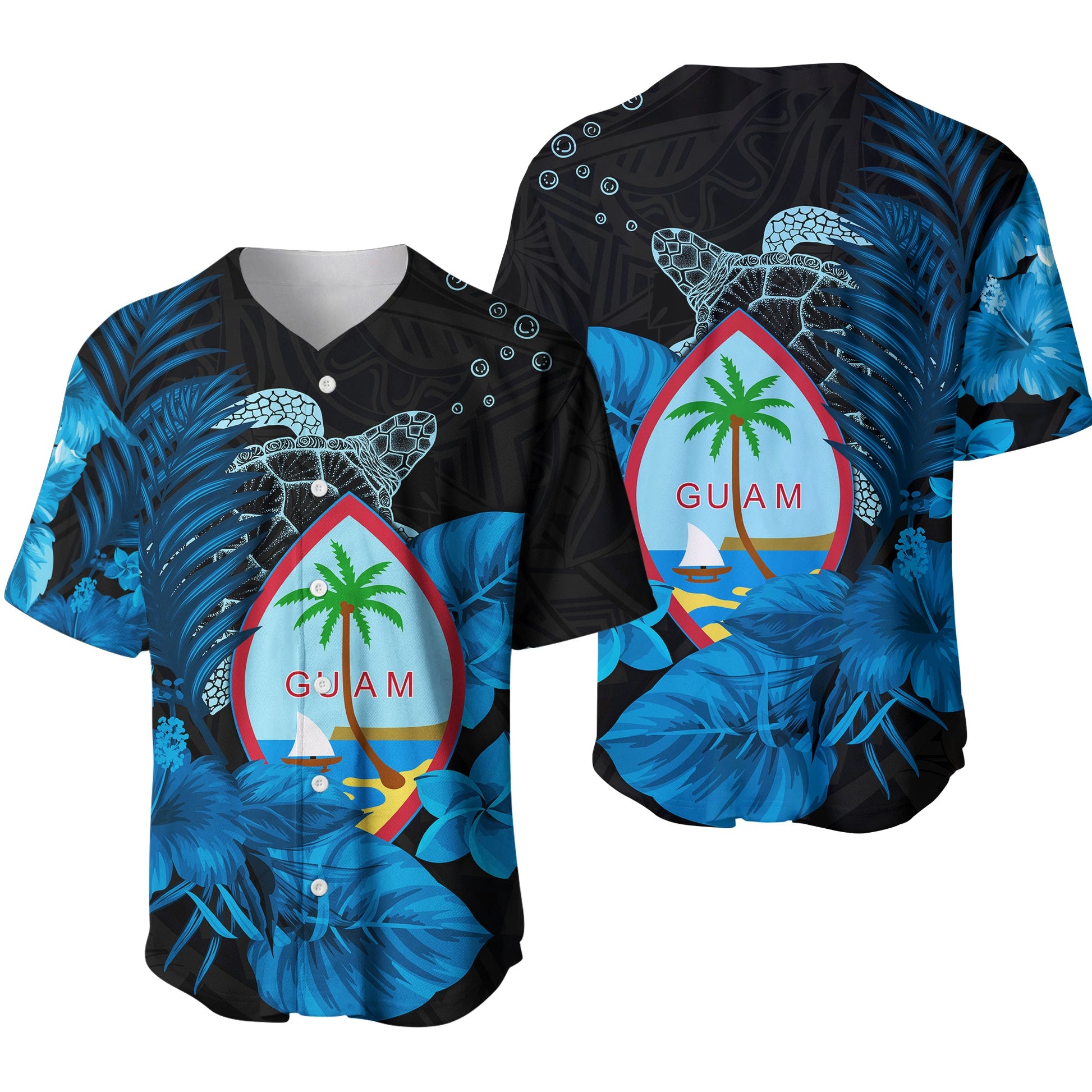 Guam Seal Baseball Jersey Polynesian Turtle with Flowers Version Blue