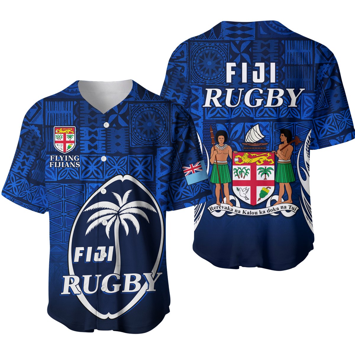 Fiji Rugby Baseball Jersey Flying Fijians Blue Tapa Pattern