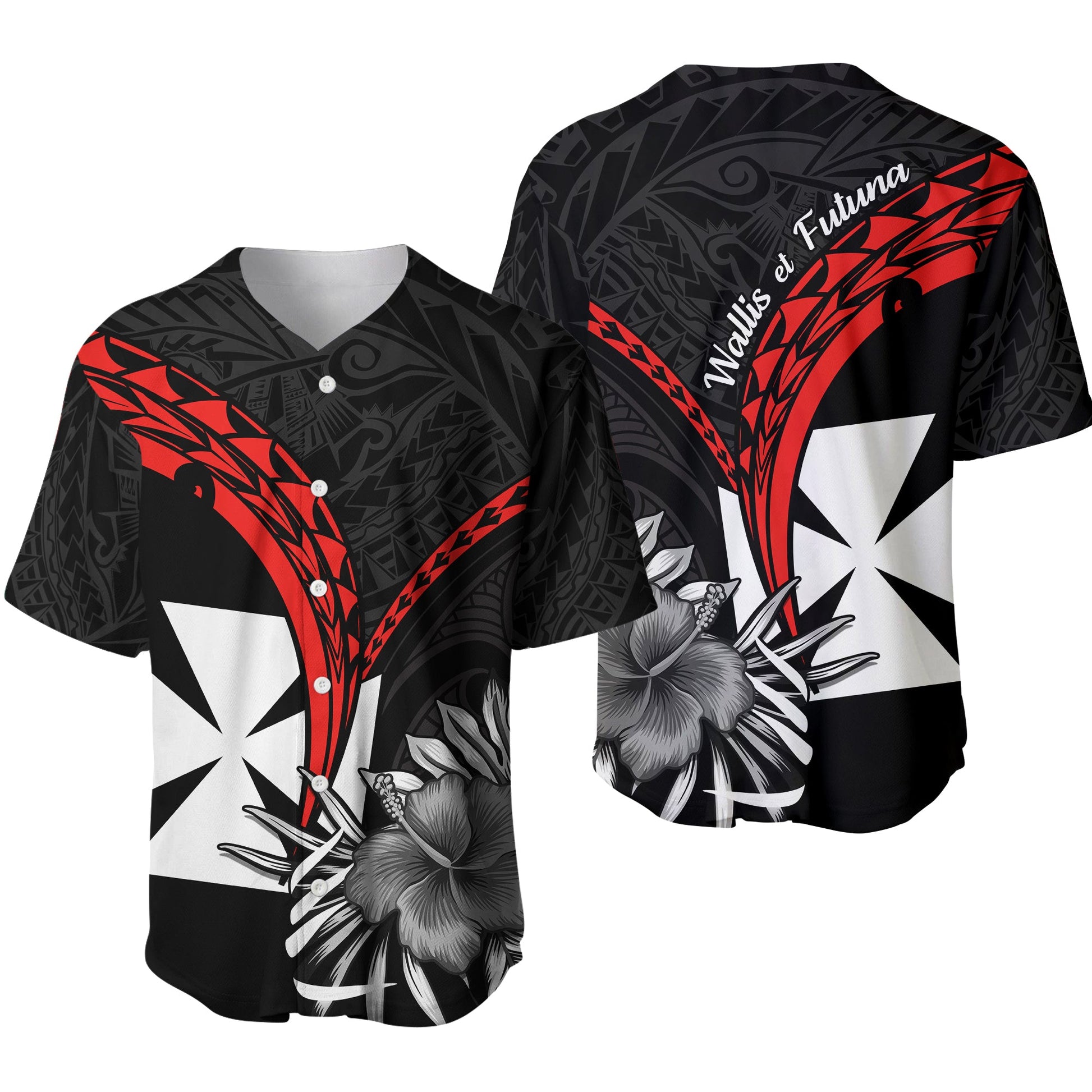 Wallis et Futuna Baseball Jersey Polynesian Pattern and Hibiscus Flowers Version Black