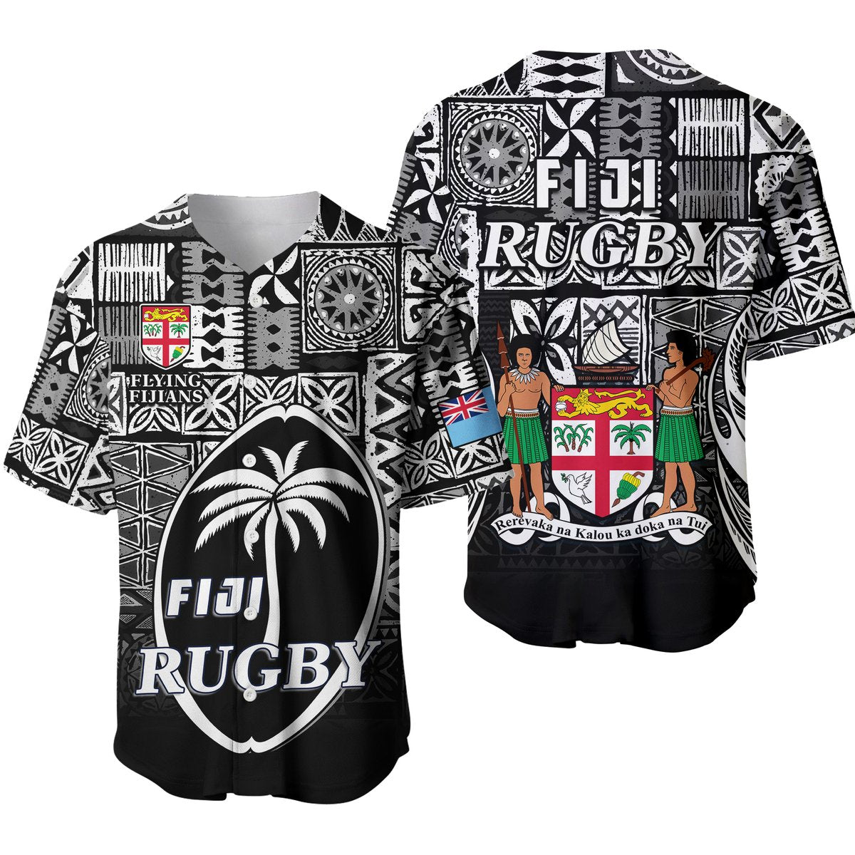 Fiji Rugby Baseball Jersey Flying Fijians Black Tapa Pattern
