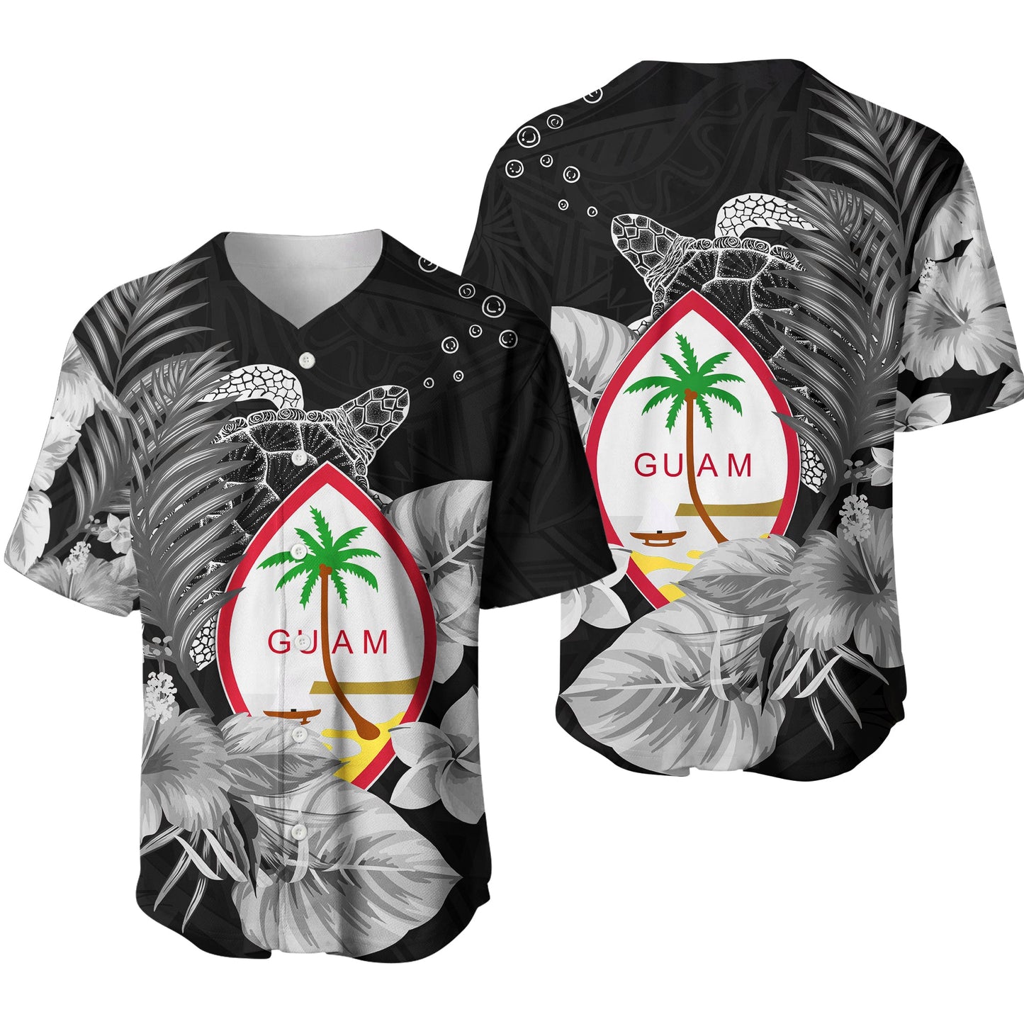 Guam Seal Baseball Jersey Polynesian Turtle with Flowers Version White