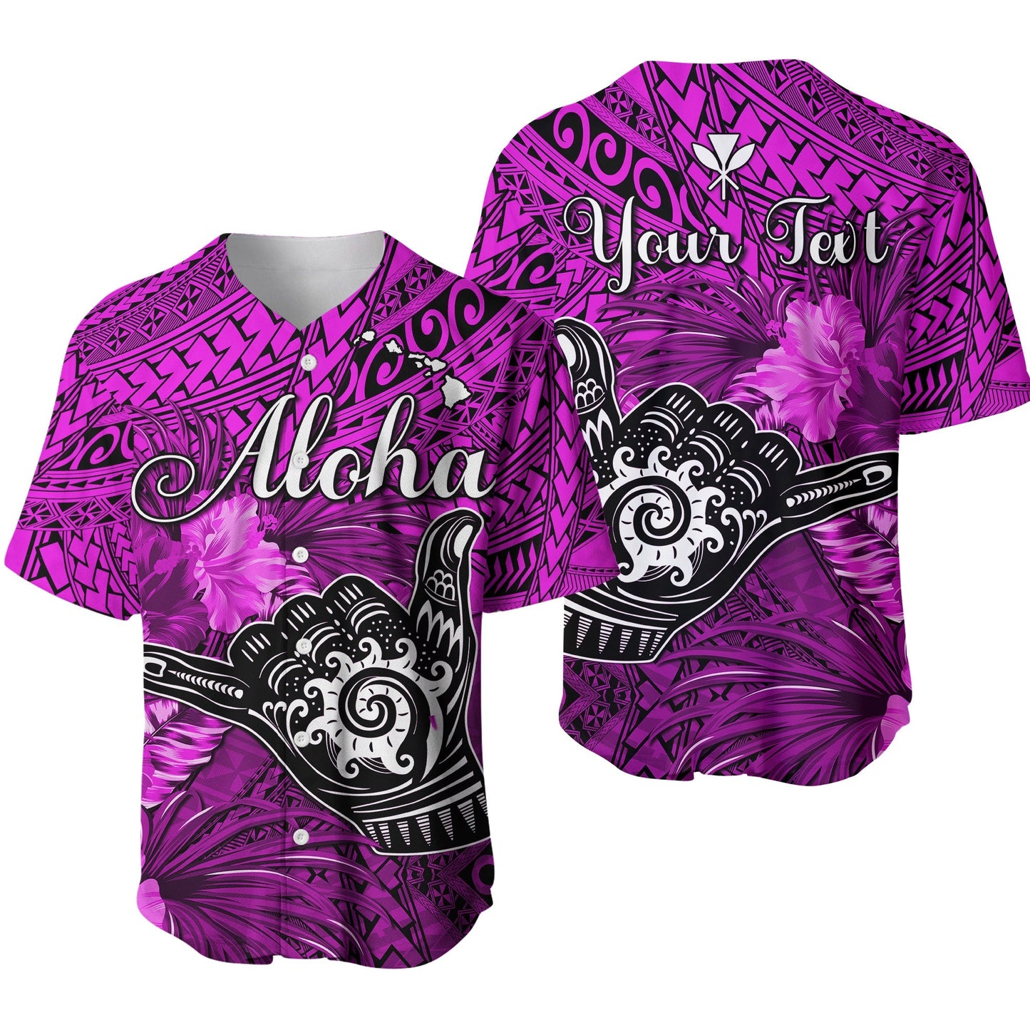(Custom Personalised) The Shaka Hawaii Baseball Jersey Tropical Flowers Purple Version
