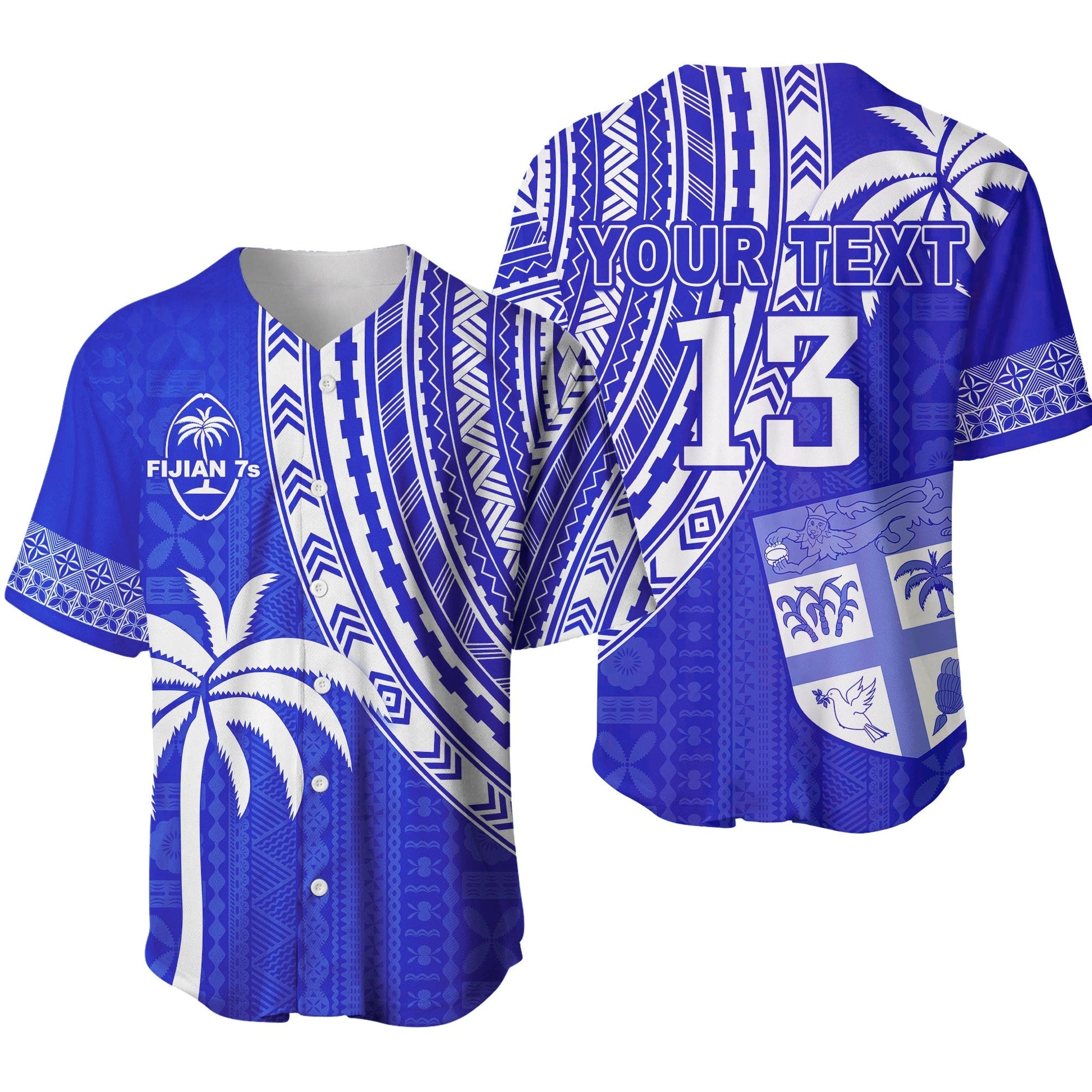 (Custom Text and Number) Fiji Rugby Sevens Baseball Jersey Fijian 7s Tapa Polynesian Blue Ver.02