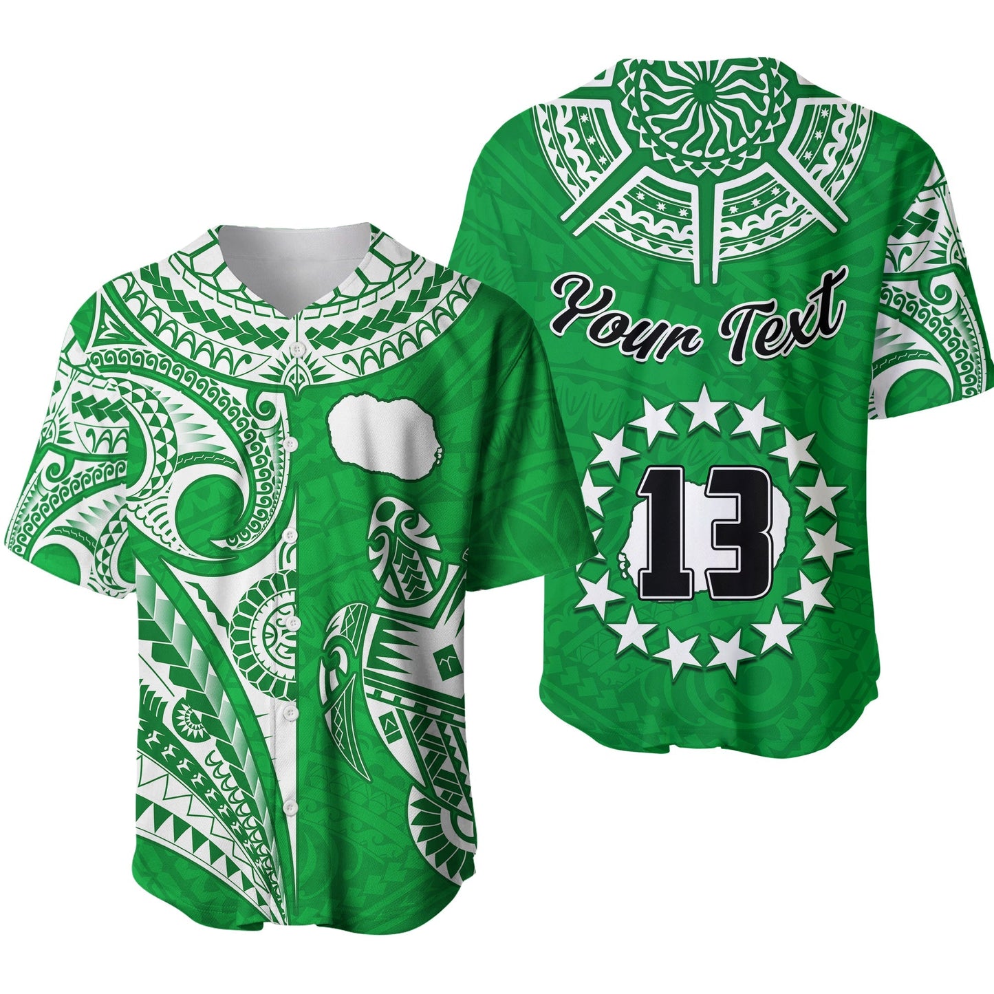 (Custom Text and Number) Rarotonga Cook Islands Baseball Jersey Turtle and Map Style Green