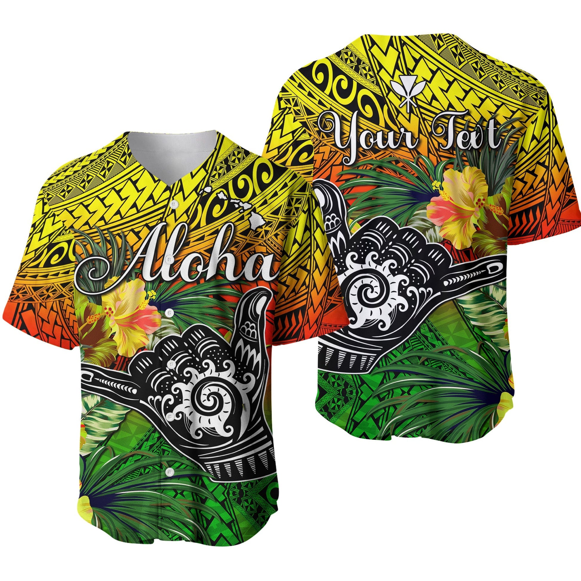 (Custom Personalised) The Shaka Hawaii Baseball Jersey Tropical Flowers Reggae Version