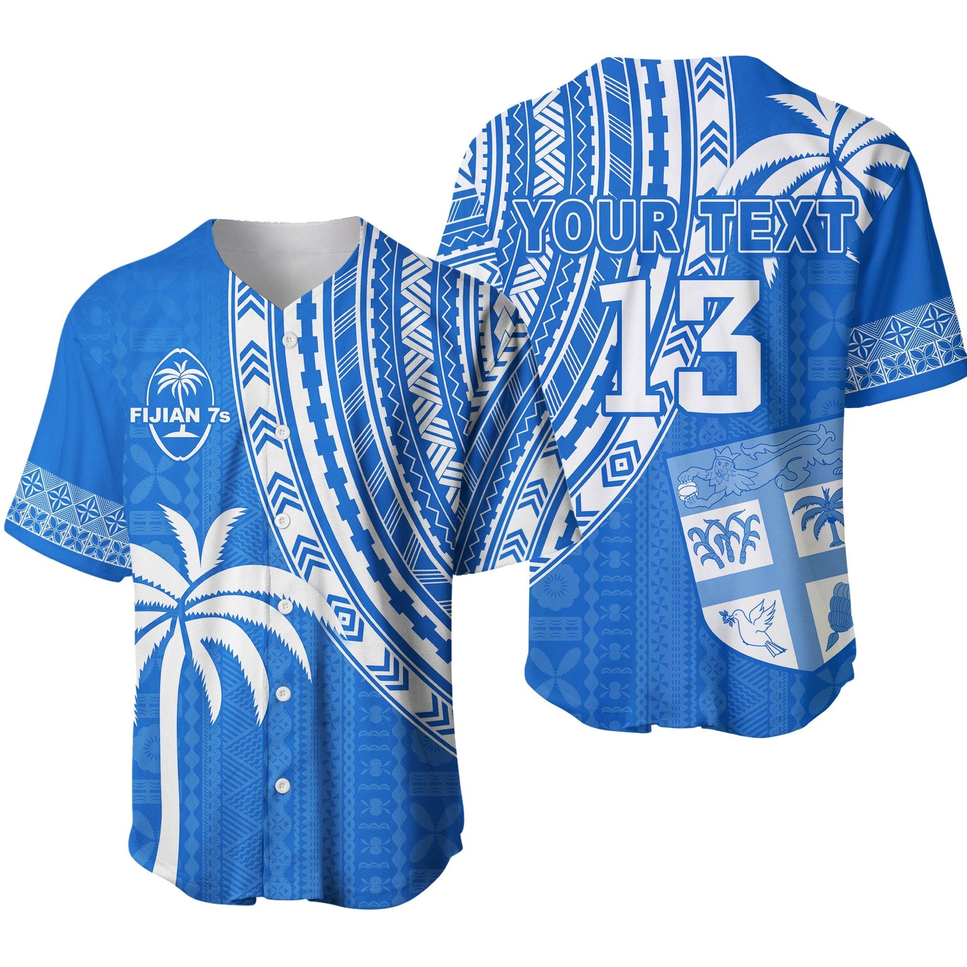 (Custom Text and Number) Fiji Rugby Sevens Baseball Jersey Fijian 7s Tapa Polynesian Blue Ver.01