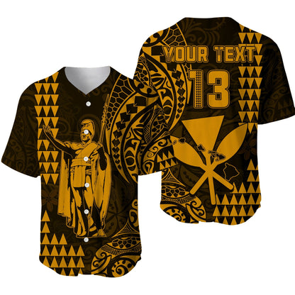 (Custom Text and Number) Hawaii Day Kakau Baseball Jersey Proud To Be Hawaiian Gold King Kamehameha and Kanaka Maoli