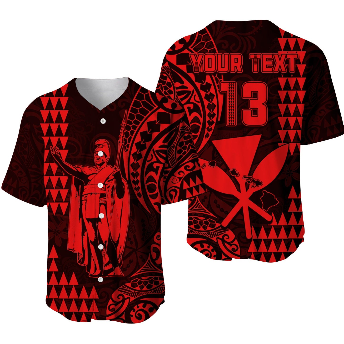 (Custom Text and Number) Hawaii Day Kakau Baseball Jersey Proud To Be Hawaiian Red King Kamehameha and Kanaka Maoli