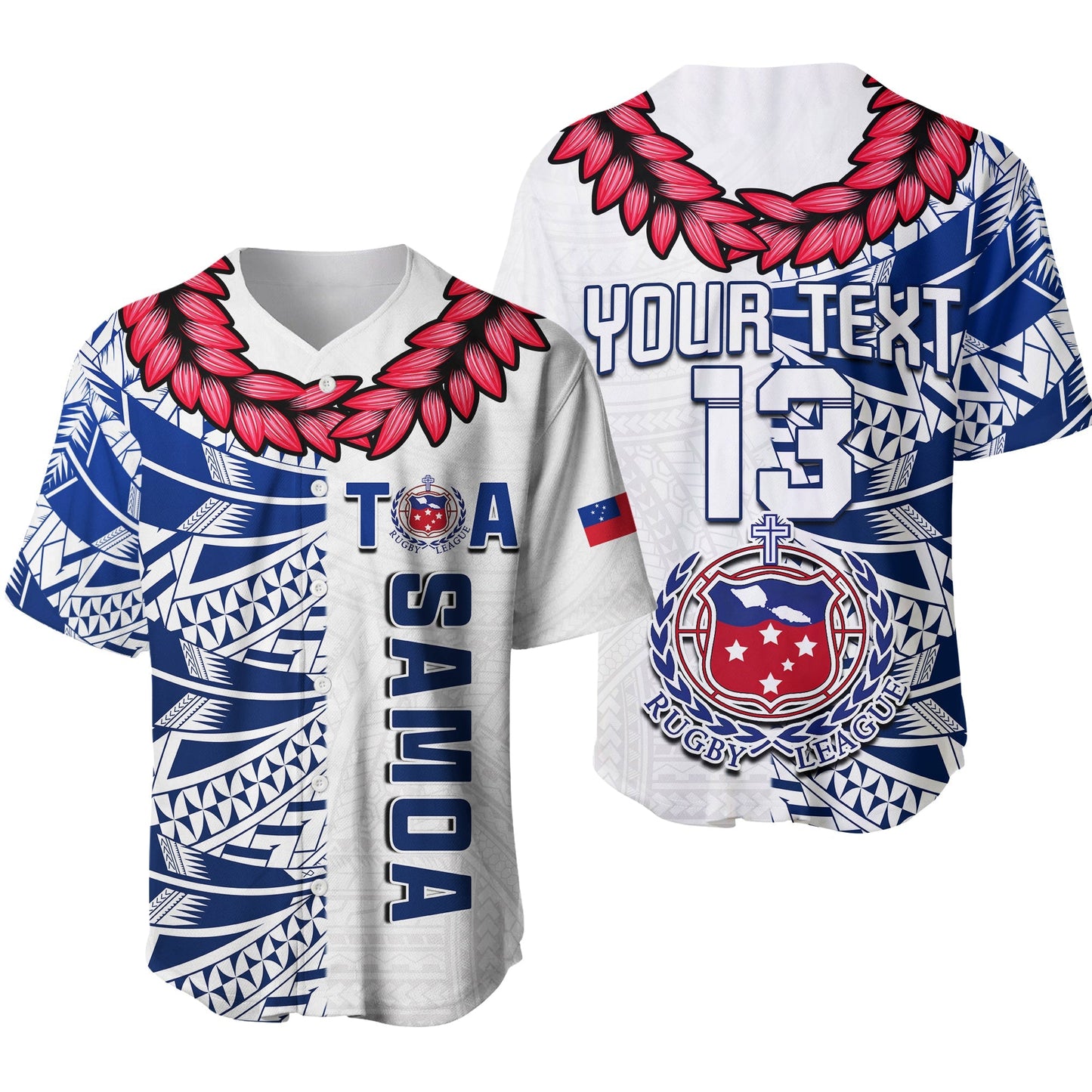 (Custom Text and Number) Toa Samoa Rugby Baseball Jersey Siamupini Ula Fala White