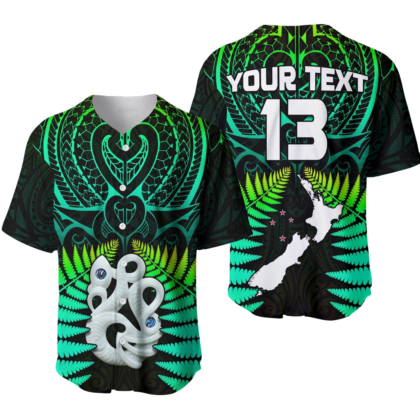 (Custom Text and Number) Aotearoa Fern Baseball Jersey New Zealand Hei Tiki Green Style