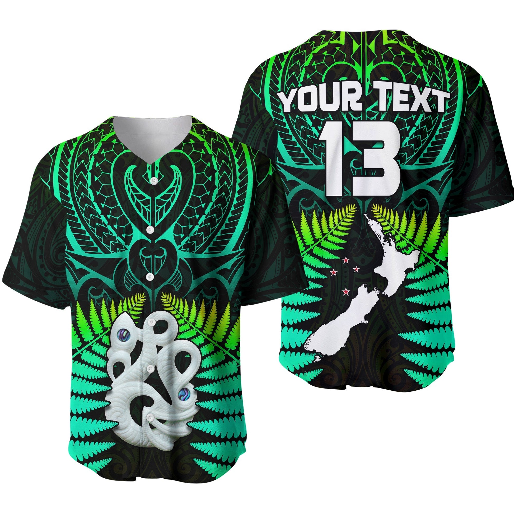 (Custom Text and Number) Aotearoa Fern Baseball Jersey New Zealand Hei Tiki Green Style