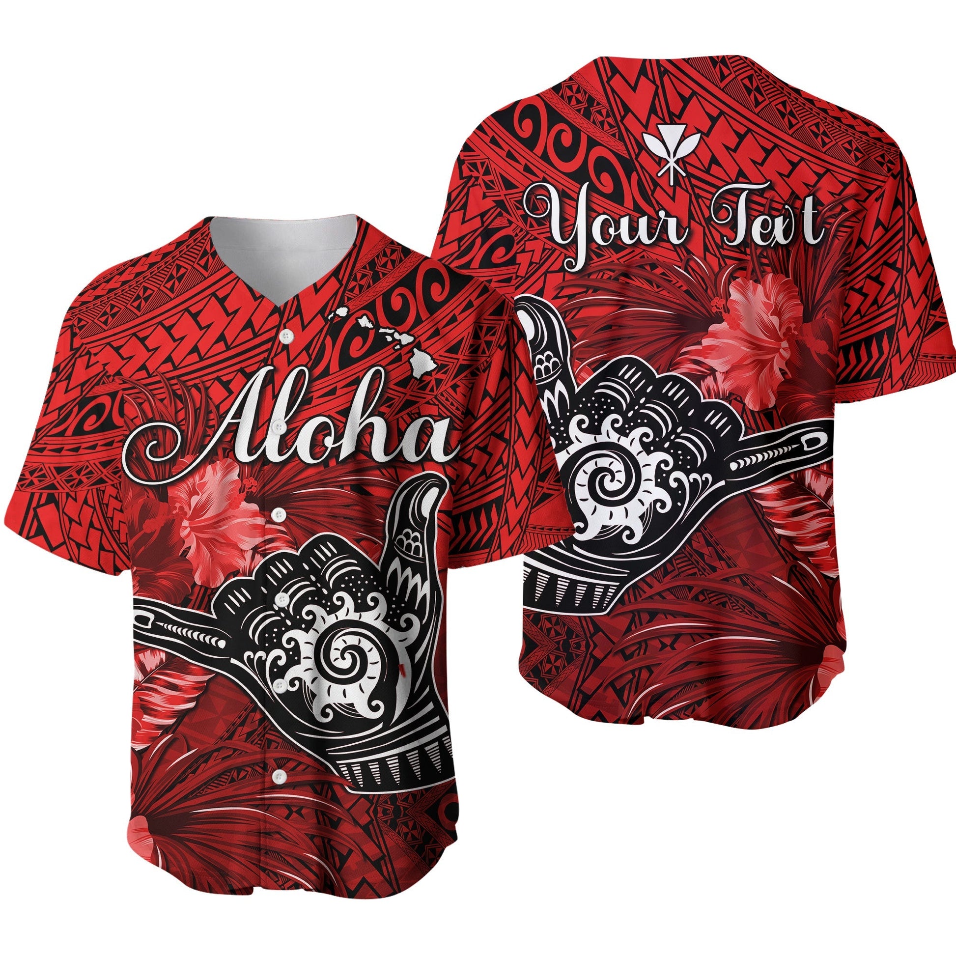 (Custom Personalised) The Shaka Hawaii Baseball Jersey Tropical Flowers Red Version