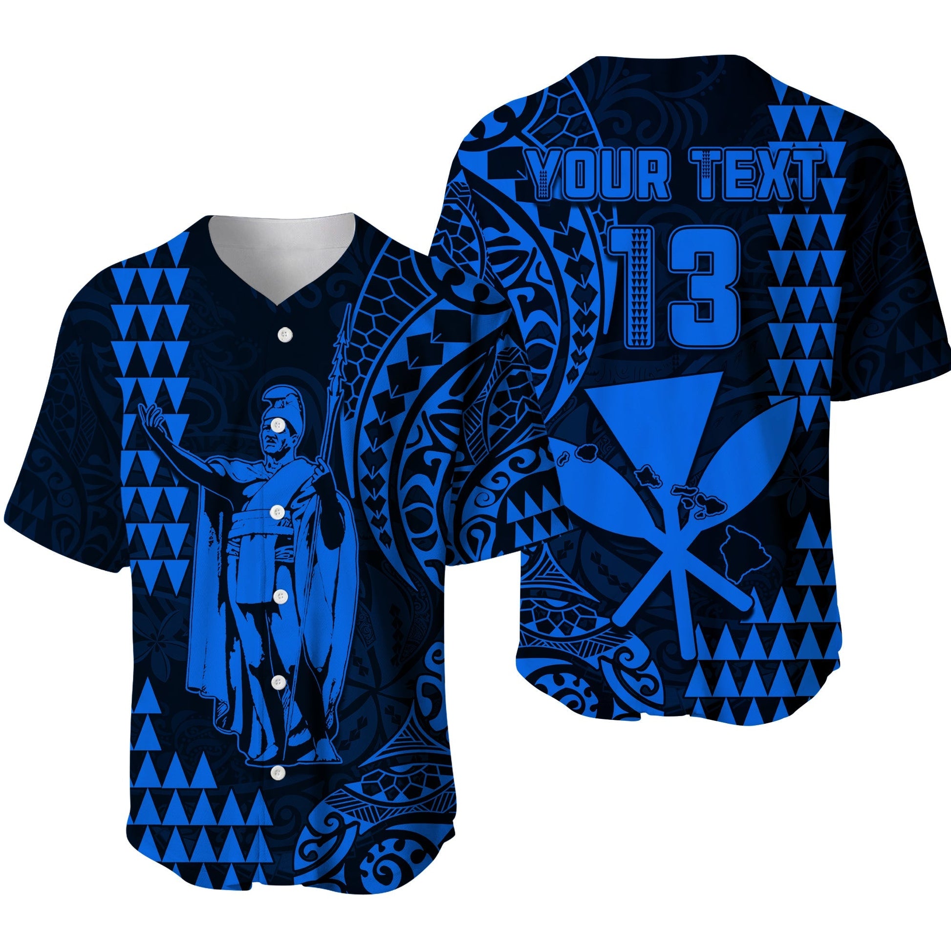 (Custom Text and Number) Hawaii Day Kakau Baseball Jersey Proud To Be Hawaiian Blue King Kamehameha and Kanaka Maoli
