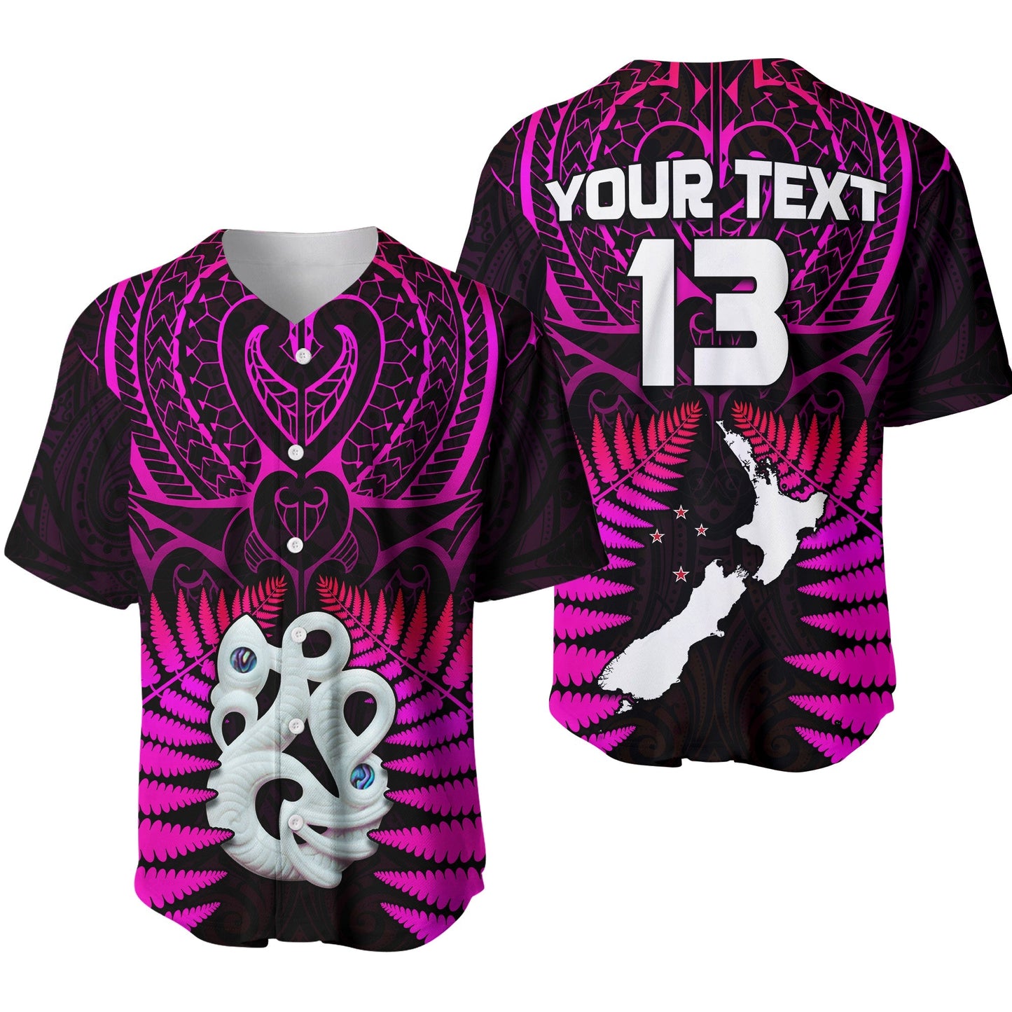 (Custom Text and Number) Aotearoa Fern Baseball Jersey New Zealand Hei Tiki Purple Style