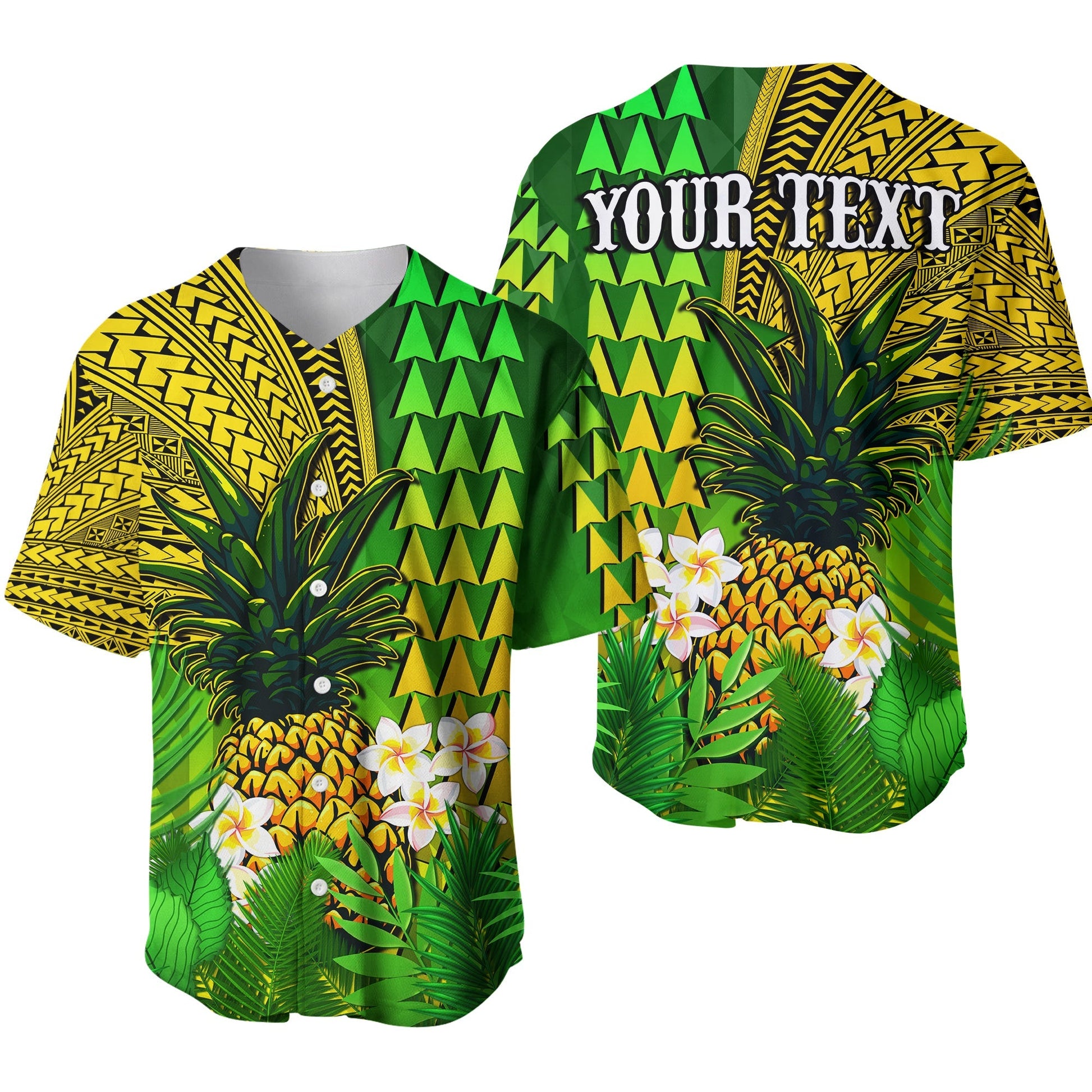(Custom Personalised) Hawaii Pineapple Baseball Jersey Plumeria Frangipani Mix Tribal Pattern Ver.01