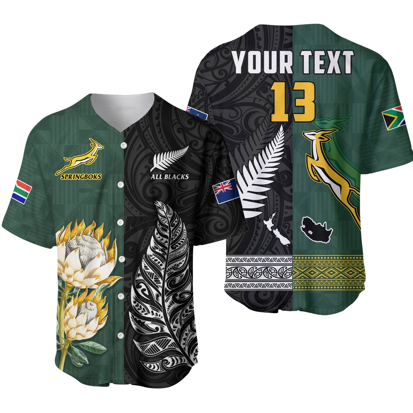 (Custom Text and Number) South Africa Protea and New Zealand Fern Baseball Jersey Rugby Go Springboks vs All Black